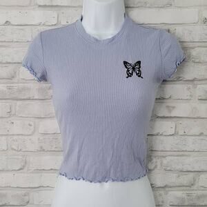 Popular 21 Y2K Rib Knit Butterfly Embroidered Lettuce Hem Blouse Womens Small